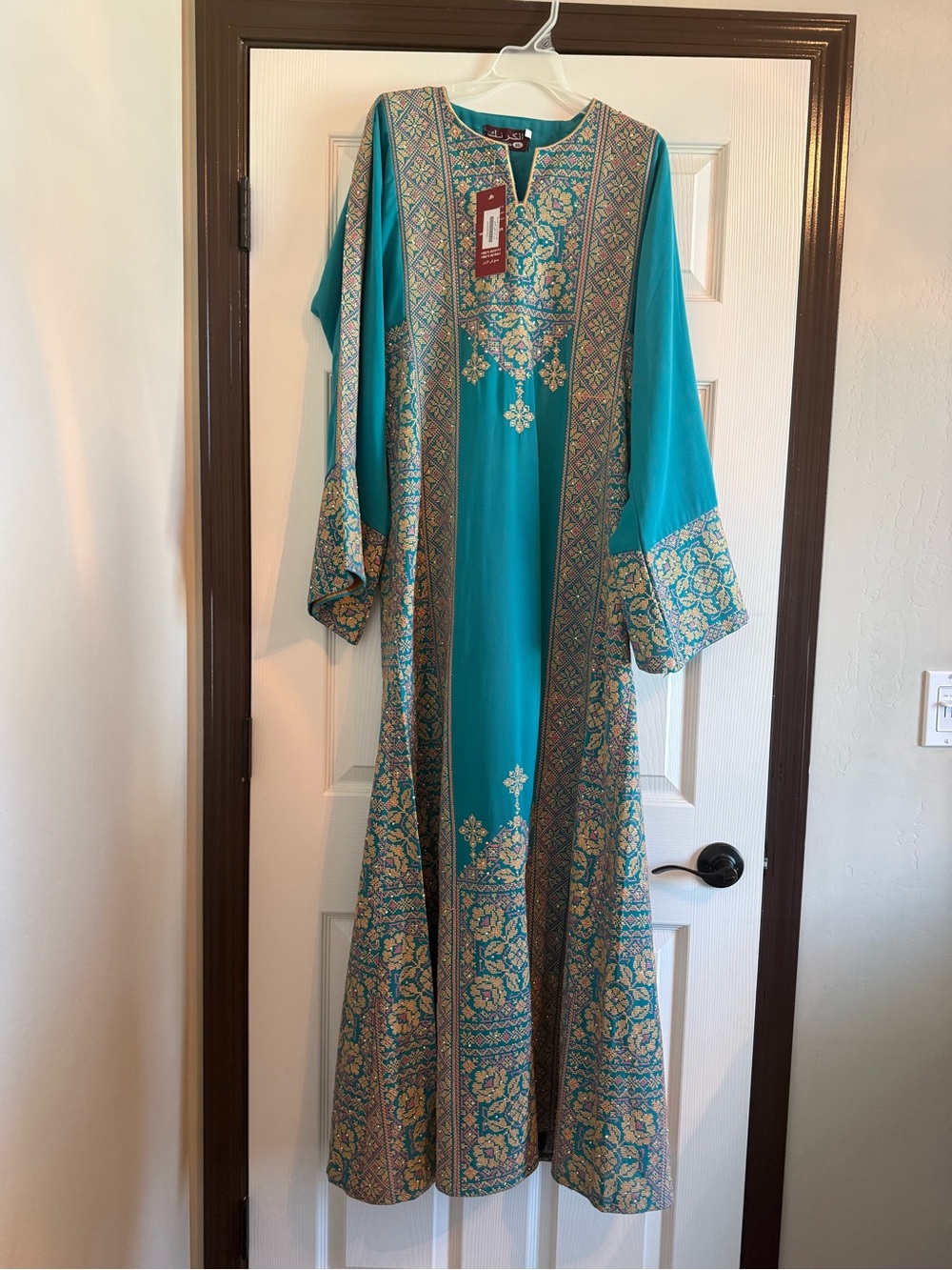 Embroidered Teal Long Sleeve Maxi Dress